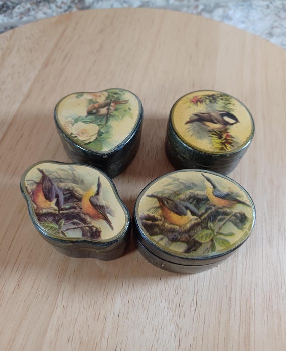 4 pc set Vintage Floral plastic trinket boxes with Birds, Bo-Ho, gift for her, gift for him, Shabby Chic, Classic, Keepsake boxes, Ring Box