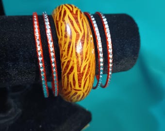 Vintage Tiger Striped Bohemian Bangle Bracelets, Set of 5 Stackable, New old stock, Boho, Hippie, Classic, Gift for Her