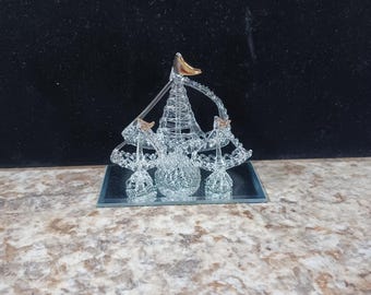 Spun Glass Ship with gold accents, Clear blown glass ship with a mirror background, Boho, Shabby Chic, Classic, Gift for Her, Gift for Him