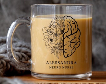 Personalized Neurology Nurse Glass Mug – Custom Floral Brain Design for Neuro Nurses, Neurosurgeons, Neurologists – Nurse Week or Grad Gift