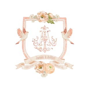 Watercolor Wedding Crest, Semi Custom Personalized Wedding Crest, Wedding Monogram, Custom Hand Painted, Watercolor Floral Monogrammed Crest