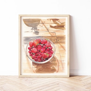 Strawberry Shadows Watercolor Print | Original Watercolor Painting by Artist Jennifer Leichty | Kitchen Art | Strawberry & Cherry Painting