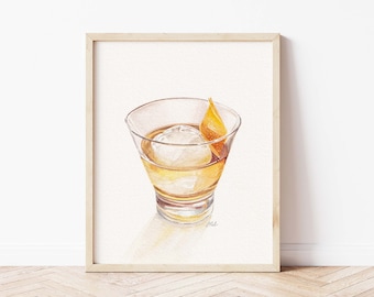 Old Fashioned Cocktail Print | Watercolor Original Painting | Kitchen Bar Art | Alcohol Gift For Him | Watercolor Bar Cart Painting