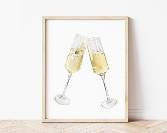Watercolor Champagne Toast Print | Watercolor Drink Print Set | Watercolor Bar Cart Painting | Champagne Cheers Wall Art