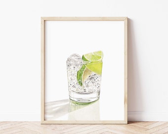 Gin & Tonic Cocktail Print | Watercolor Original Painting | Kitchen Bar Art | Watercolor Bar Cart Painting