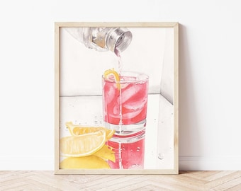 Watercolor Summer Splash Cocktail Print | Watercolor Drink Print Set | Bar Cart Painting | Pink Drink Wall Art