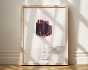 Verre de vin rouge Aquarelle Print | Aquarelle Peinture Originale | Cuisine Bar Art | Aquarelle Bar Panier Peinture | Impression Happy Hour