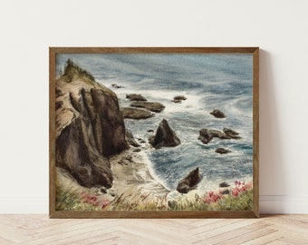 May include: Watercolor painting of a rocky cliff overlooking a blue ocean with waves crashing on the shore. The cliff is covered in green foliage and there are pink flowers in the foreground.