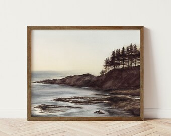May include: A watercolor painting of a rocky coastline with a group of trees on a cliff overlooking the water. The sky is a soft blue and the water is a light blue with hints of gray. The painting has a calming and serene feel.