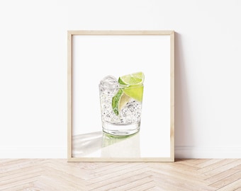 Gin & Tonic Cocktail Print | Digital Download | Kitchen Bar Art | Wedding Cocktail Art | Watercolor Bar Cart Painting