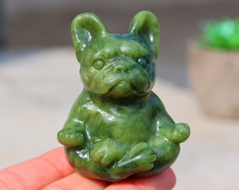 2.3inches Natural Green jade Carved French Bulldog，Crystal Carving Dog，Crystal Gifts，Meditation Bulldog，Obsidian PUG, Reiki Healing， 1PC