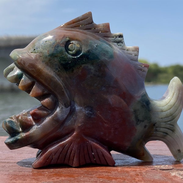 3.6“inch Natural Ocean Jasper piranha, Ocean Jasper piranha Carving,Crystal Skull,Home Decor,Crystal Healing Decor,Crystal present 1PC