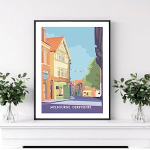 May include: A colourful illustration of a street scene in Melbourne, Derbyshire. The image features a quaint street with colourful buildings, a shop with a green awning, and a string of flags hanging overhead. The text "MELBOURNE DERBYSHIRE" is printed at the bottom of the image.