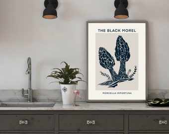 Black Morel Mushroom Print: Vintage Style Kitchen Wall Art