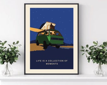 Stargazing Campervan Print, Vintage Style Travel Poster, VW Campervan Wall Art