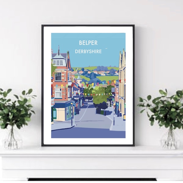 Belper, High Street, Derbyshire Print, Vintage Style Travel Print, Illustration and Prints, Wall Art , Great Gift