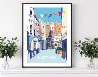 Hastings Town Vintage Travel Print: East Sussex Illustration