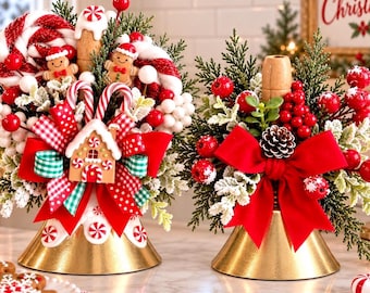 New! Christmas Bell Floral Arrangements / Gingerbread Christmas Bell /Traditional Christmas Bell /Choice of 2 / Brass Bell Tiered Tray Decor