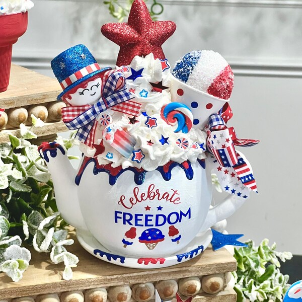 Ltd. Edition Patriotic Mini Tea Pot / 4th of July Tiered Tray Decor / Red White & Blue / Patriotic Decor / Teapot / Fake Bake / Memorial Day