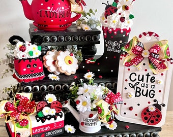 Brand NEW! Ladybug Decor / Ladybug Tiered Tray Decor / Spring Decor / Summer Decor / Daisies / Fake Bake / Book Stack/ Teapot / Marshmallow