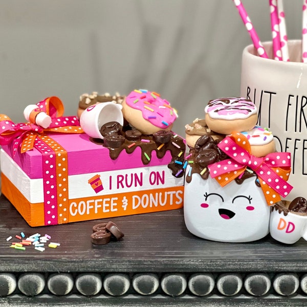 Coffee & Donuts Book Stack / Coffee Marshmallow / Fake Donuts/ Fake Coffee / Coffee Bar / Coffee Donuts / Coffee Tiered Tray Decor / Latte