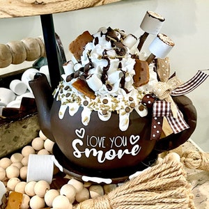 Smores Mini Tea Pot /Smores Tiered Tray Decor / S’mores Decor /Camping Decor /RV Camper /Fall Tiered Tray / Summer Decor / Rae Dunn Inspired