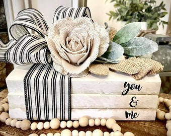 Farmhouse Bookstack /French Country / Neutral Full-Size /Custom/ Personalize /Rae Dunn, Typewriter, Cursive Fonts /Ticking Stripe or Buffalo