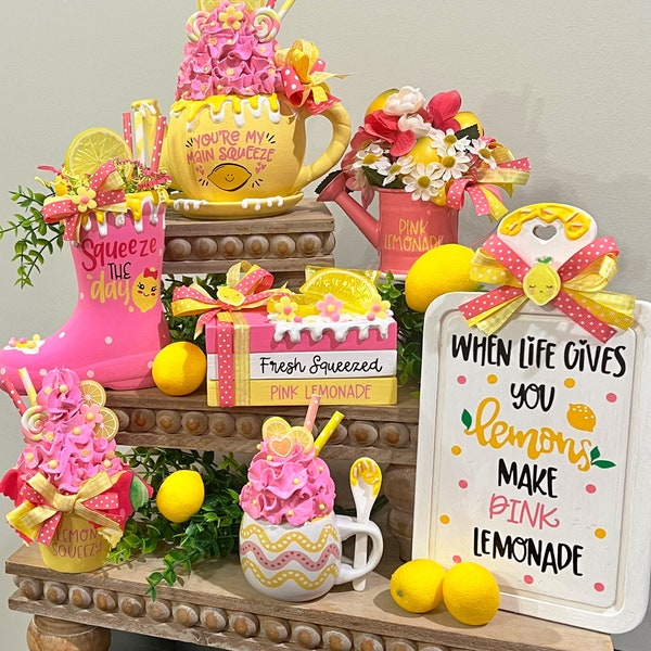 Pink Lemonade Tiered Tray Decor / Summer Tiered Tray / Lemonade / Lemon Book Stack / Fake Bake / Rain Boot / Watering Can / Spring / Summer