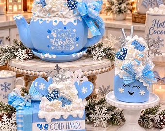 Blue Winter Decor / Winter Tiered Tray Decor / Marshmallow Buddy / January / Fake Bake / Snow / Snowflakes / Mittens / Snowflake Decor