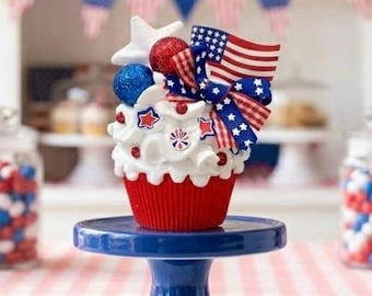 New! Patriotic Cupcake / Patriotic Tiered Tray Decor / 4th of July Decor / Memorial Day decor/ Tiered Tray Decor/ Fake Cupcake