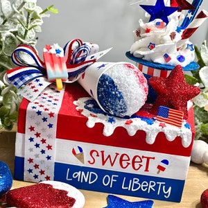 Ltd Edition Patriotic Tiered Tray Decor / Patriotic Book Stack / Fake Snow cone / Red White & Blue / USA Decor / 4th of July Decor