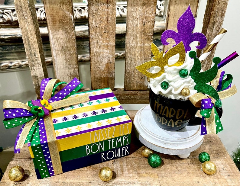 Mardi Gras Mini Mug and Book stack.