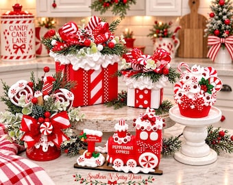 New! Candy Cane / Peppermint Tiered Tray Decor / Candy Cane Gift Boxes / Peppermint Bell Arrangement/ Candy Cane Cupcake / Peppermint Train