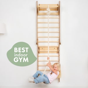 Swedish Ladder & Indoor Jungle Gym, Climbing Wall Frame with Hanging Gym for Kids, Waldorf Toys for Nursery and Home Indoor Playground