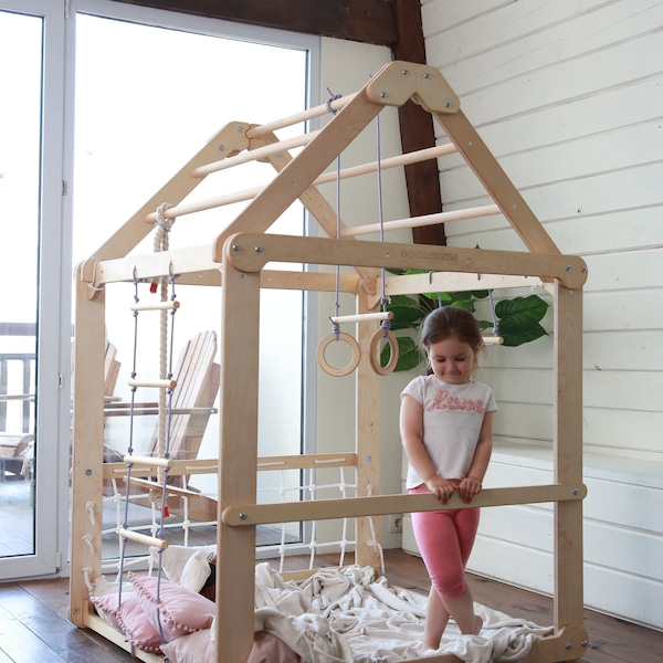 Toddler playhouse 1 - 7 years old - Playground gym - Play house + Swing set + Montessori climber - Montessori furniture - Montessori house