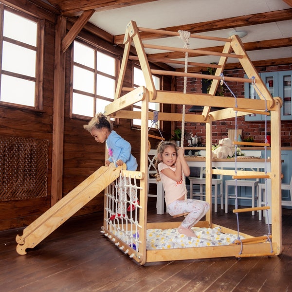 Indoor playground for kids - Playhouse + Swing set + Montessori climber, Toddler jungle gym, Montessori furniture Baby play gym Toddler gift