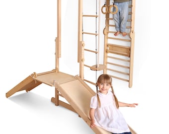 Montessori Climbing Gym: Wooden Indoor Swedish Wall with Add-on