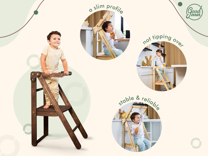 Handmade Gift for kid, Foldable Learning toddler tower, Toddler step stool Toddler gifts for kids furniture Montessori Kitchen tower helper image 10