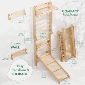 The image is a detailed diagram of a wooden ladder with various measurements and features labeled, including a compact form factor, fix on wall, and easy transform and storage.