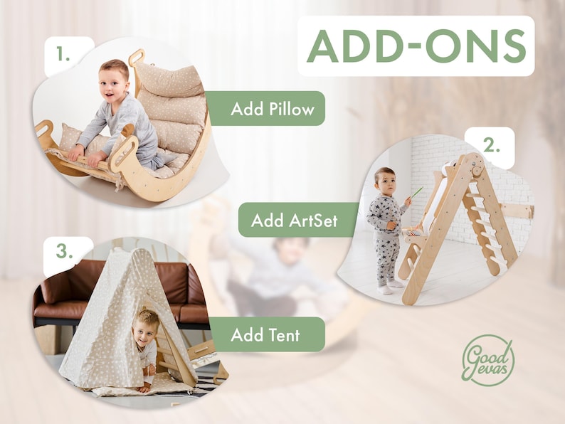 Op de afbeelding: Afbeelding met kinderaccessoires. Bevat een houten schommelboog met een kussen, een schildersezel en een speeltent. De tekst "ADD-ONS" staat bovenaan. Het Good Jevas-logo staat rechtsonder.