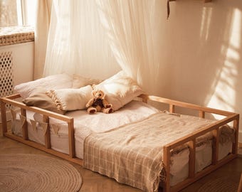 Beech Wood Montessori Floor Bed with Rails, Toddler Twin Bed
