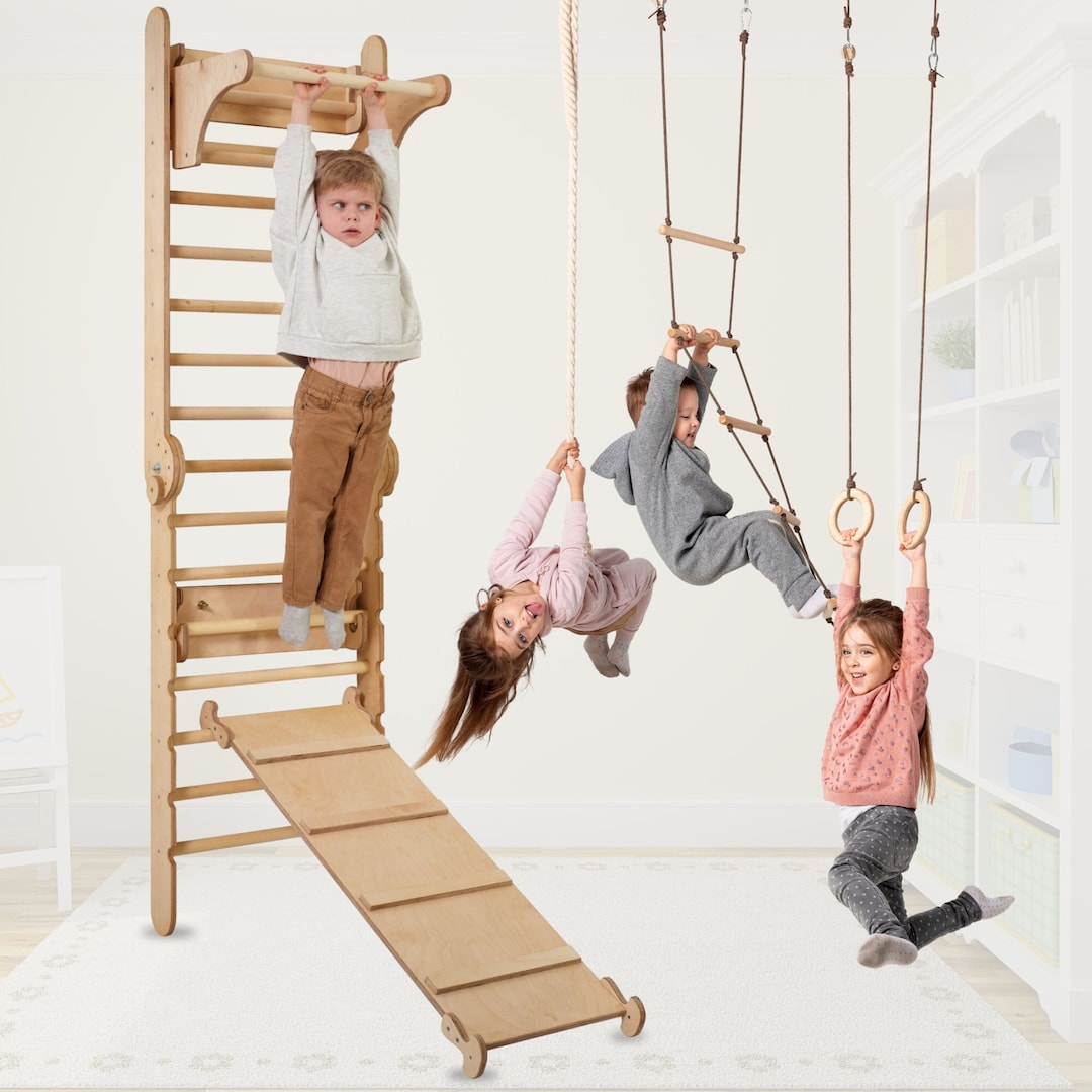 6-in-1 Indoor Playground Jungle Gym Kids Climbing Toys, Wooden Climber Playset W/Slide For Kids Ages 1-8, Swing, Monkey Bars, Upright, Rope Ladder - View #3