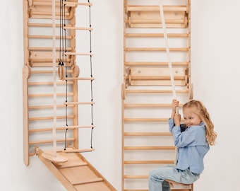 Wood Climbing Gym: Kids Swedish Ladder, Slide, and Swing, Indoor Playground