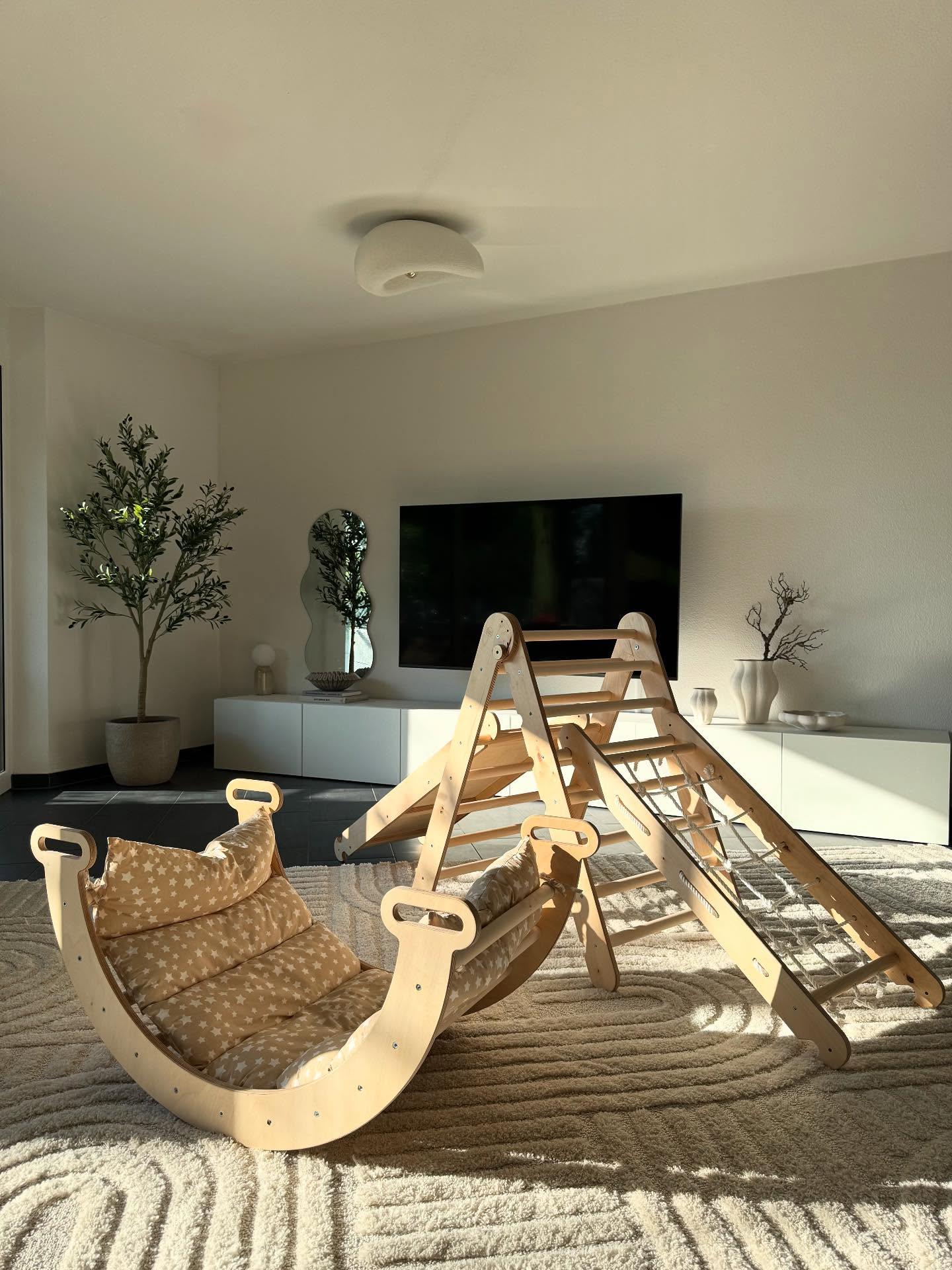 Ensemble De Structure D'escalade Montessori 5 En 1 : échelle Triangulaire Arche/bascule Planche/rampe Coulissante Corde Filet Coussin - 6