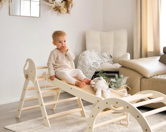 Pikler Triangle Set, Montessori Climber, Wooden Baby Gym