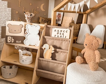 Montessori Bookshelf: Birch Wood Kids Bookcase, Nursery Furniture