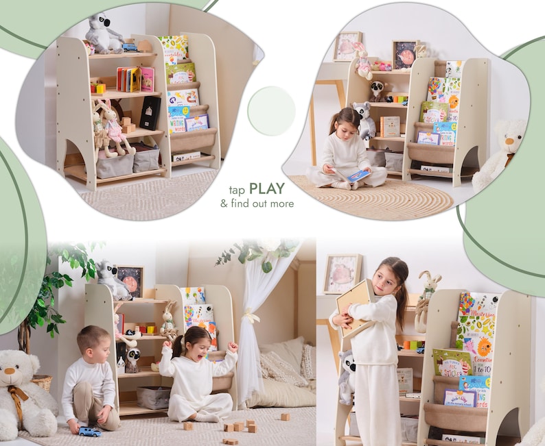 May include: A light-colored wooden bookshelf with multiple shelves, filled with books and toys. The bookshelf has a unique design with a curved side. The text "tap PLAY & find out more" is visible. The image shows children interacting with the bookshelf.