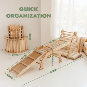 May include: Wooden climbing structure with a slide, arch, and climbing triangle. The slide is 42.1 cm wide and 100 cm long. The structure is 250 cm long overall. The text "QUICK ORGANIZATION" is visible.