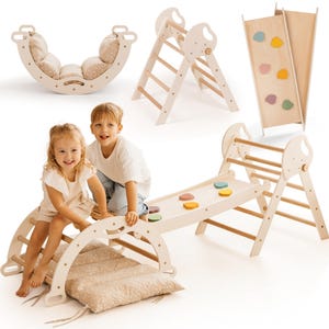 Montessori climbing set with triangle climber, arch rocker, pillow, slide, Kletterbogen mit rutsche, Montessori Toddler climbing gym