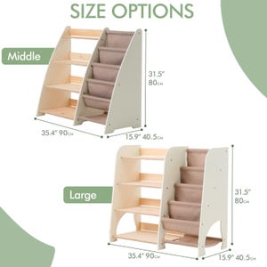 May include: Wooden bookshelf with a cream-colored frame and natural wood shelves. The bookshelf has a stair-step design with fabric pockets. The dimensions are 35.4 inches wide, 15.9 inches deep, and 31.5 inches tall. The text "SIZE OPTIONS" is at the top.